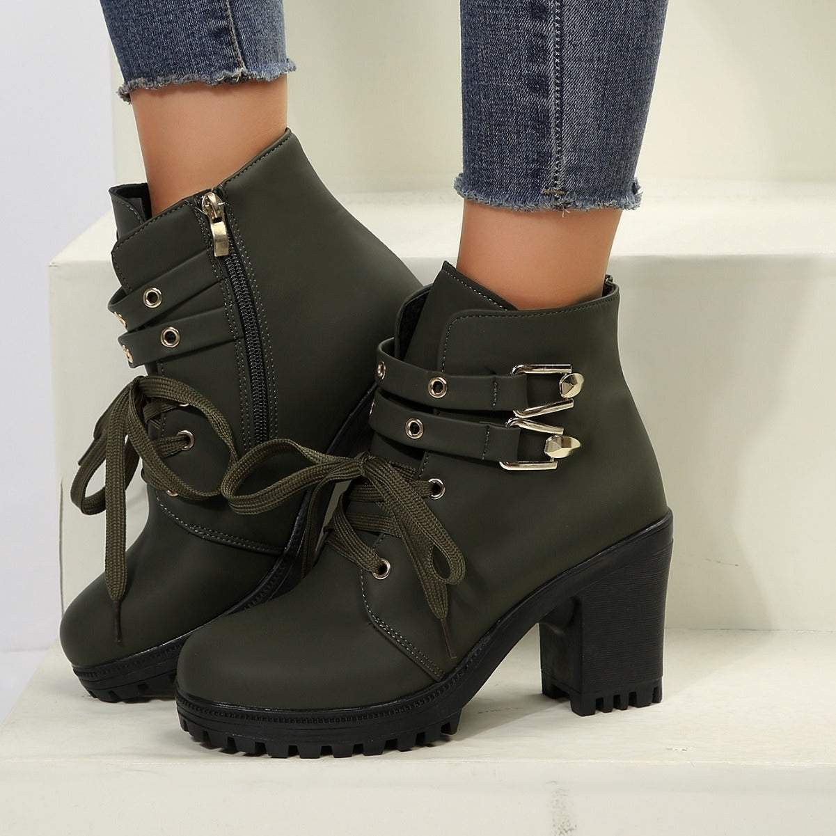 Autumn Round Head Chunky Heel High Heel Leisure Platform Lace Up Booties