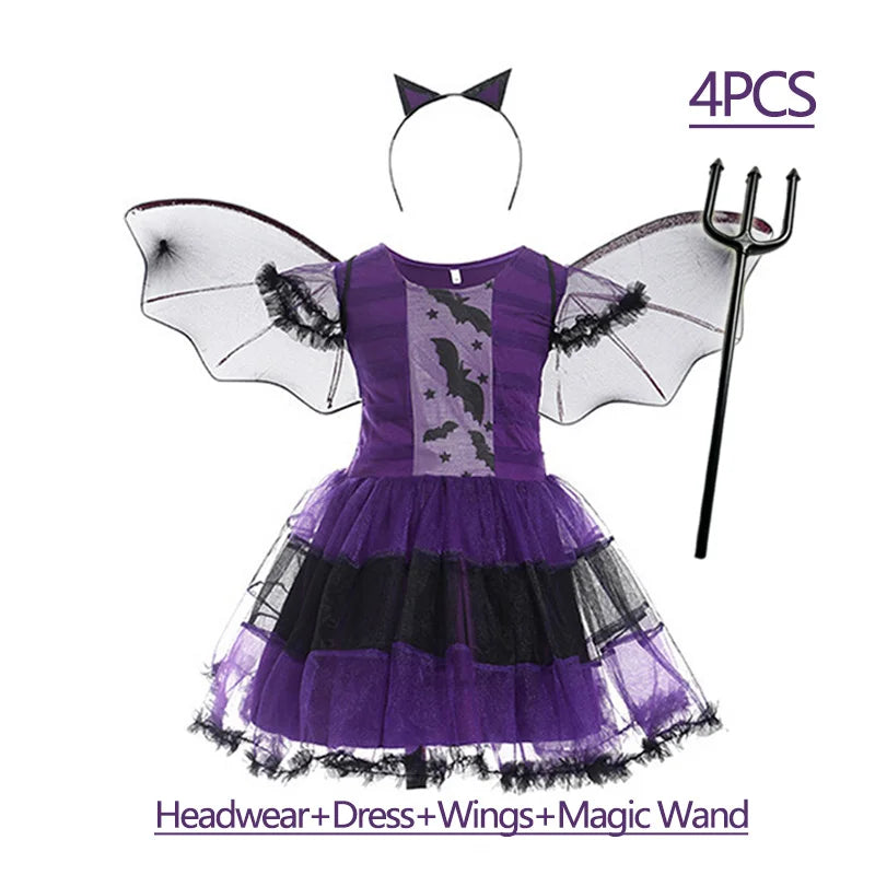 Girls Purple Bat Dress Kids Fancy Cosplay Vampire Demon Costume With Wing Headwear Halloween Carnivat Witch Role Play Clothes