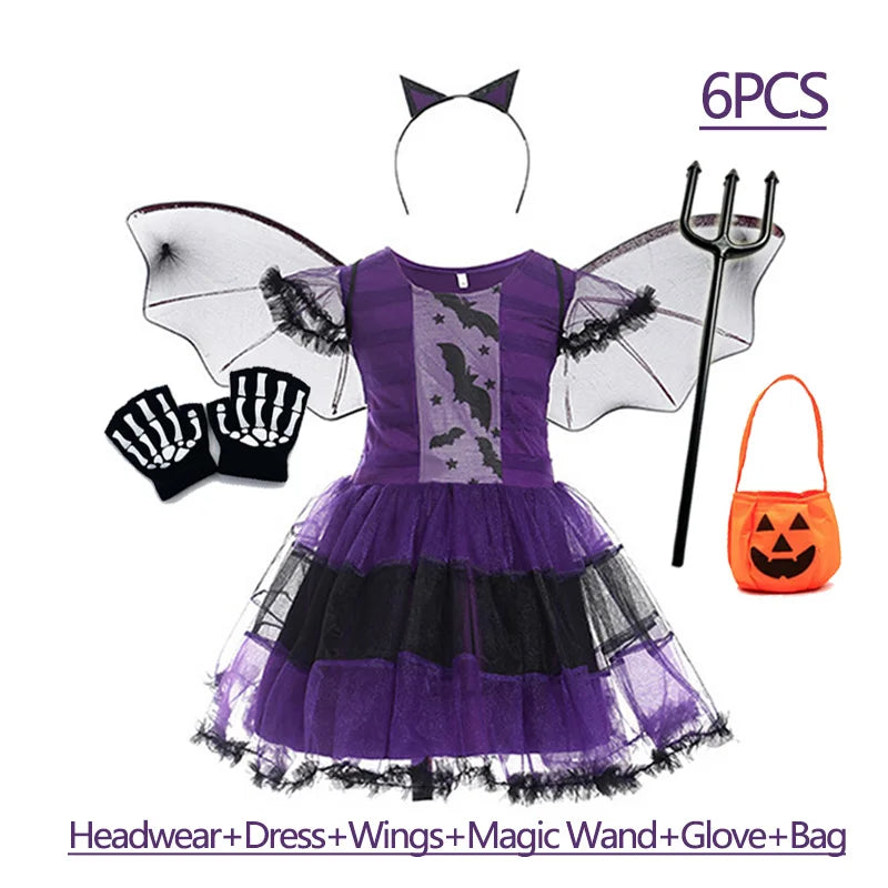 Girls Purple Bat Dress Kids Fancy Cosplay Vampire Demon Costume With Wing Headwear Halloween Carnivat Witch Role Play Clothes