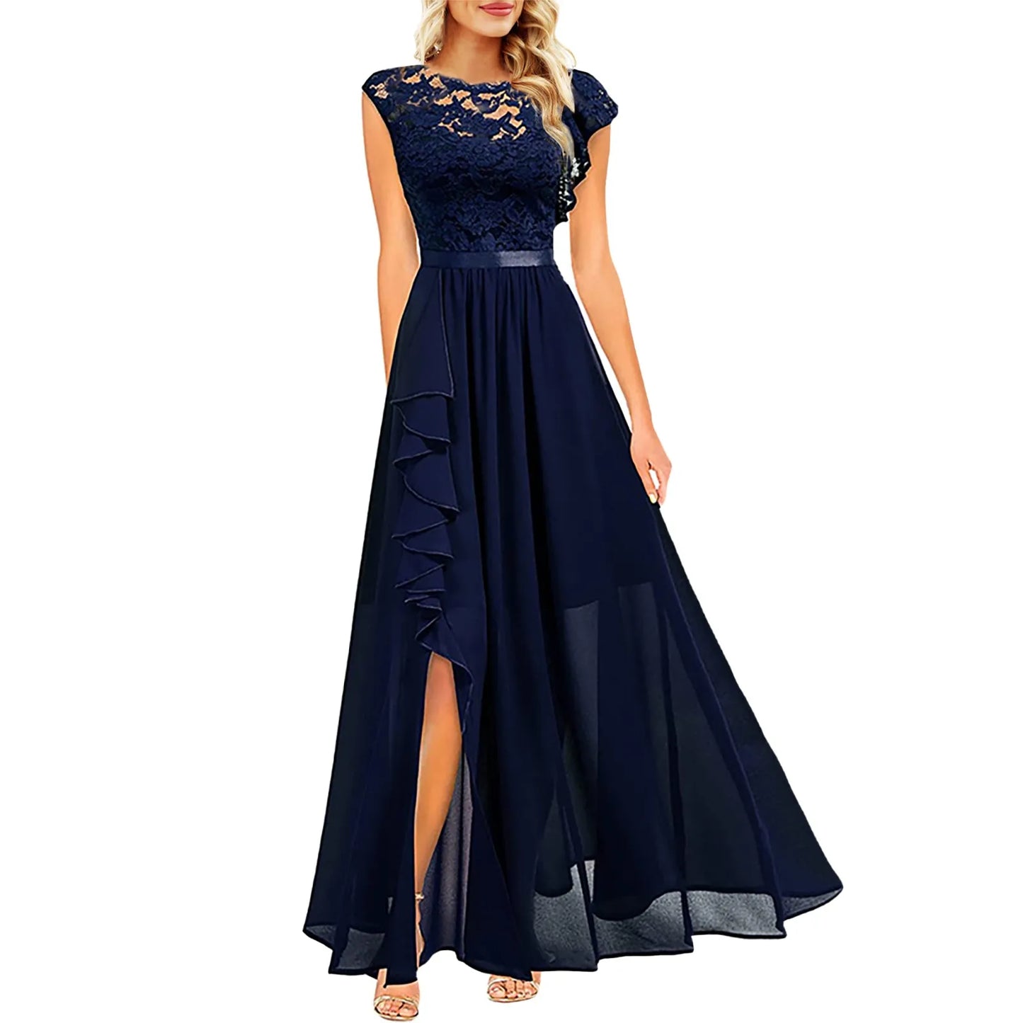 2024 Women's Elegant Long Maxi Dress High Waist Round Neck Party Wedding Fashion Dress Robe Vintage Spliced Lace Chiffon Dress