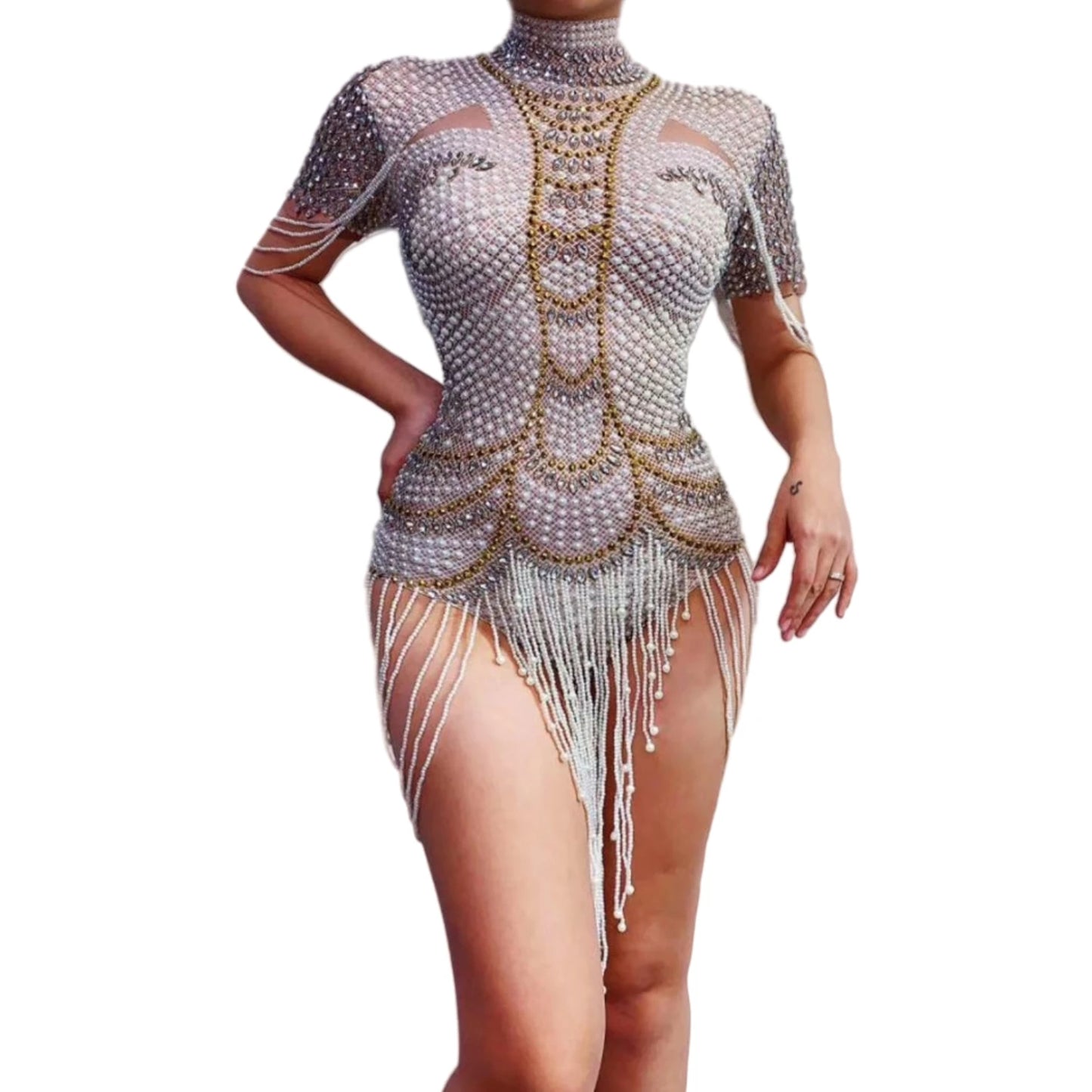 Vintage Pearls Rhinestone Party Bodysuits Stretch Fringes Crystal Leotard Women Dance Costume Showgirl Performance Wear Xiangya