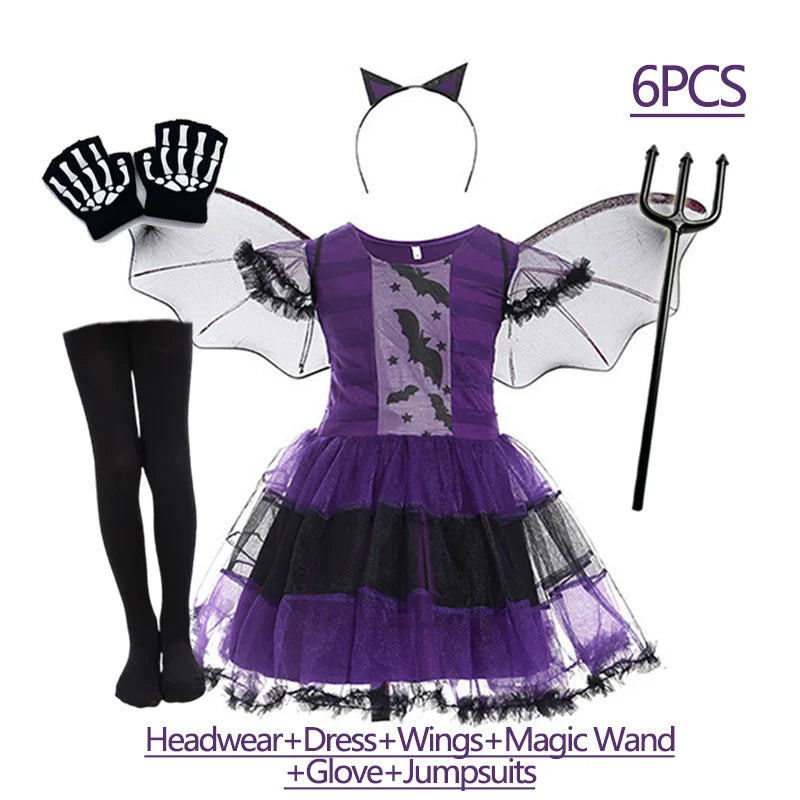 Girls Purple Bat Dress Kids Fancy Cosplay Vampire Demon Costume With Wing Headwear Halloween Carnivat Witch Role Play Clothes