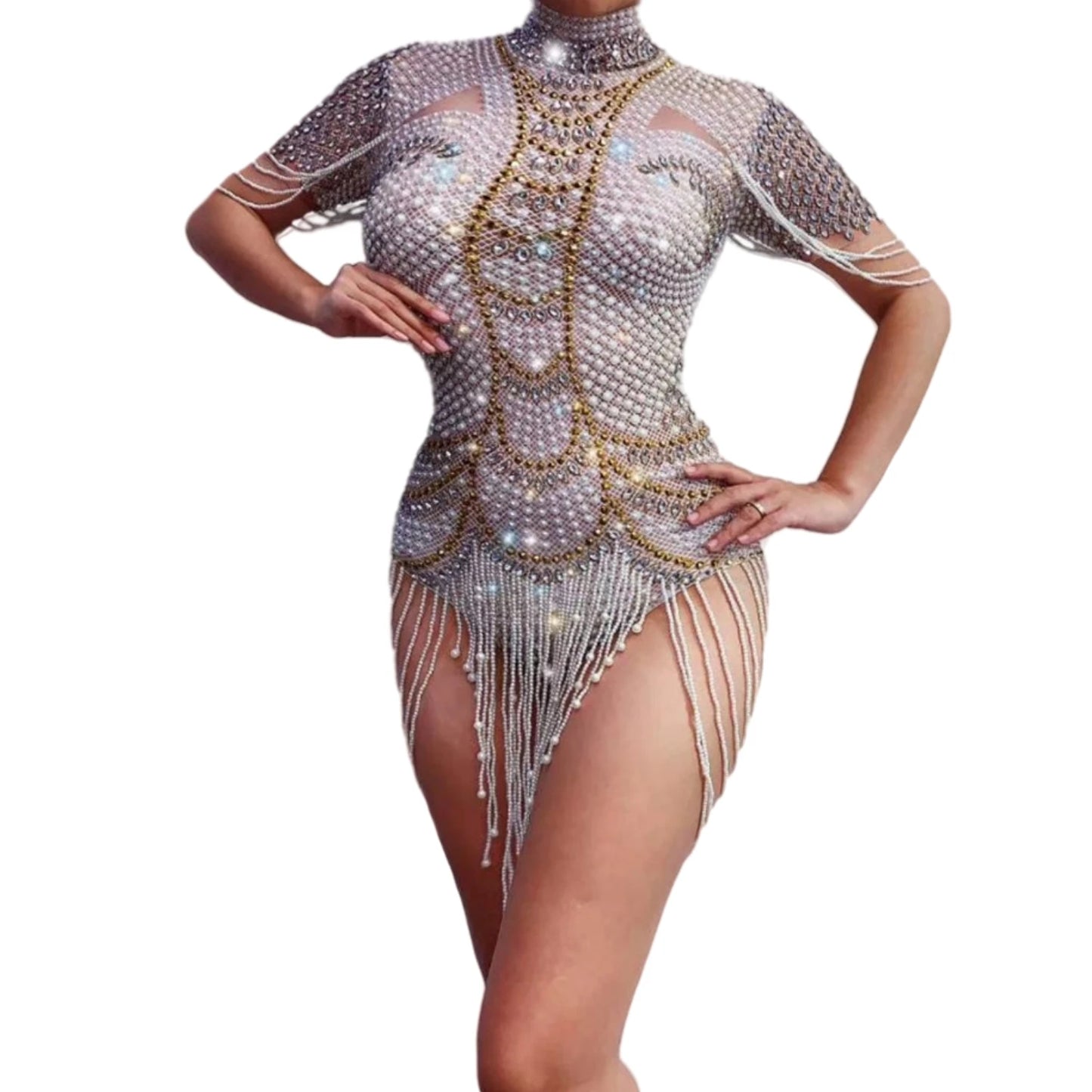 Vintage Pearls Rhinestone Party Bodysuits Stretch Fringes Crystal Leotard Women Dance Costume Showgirl Performance Wear Xiangya