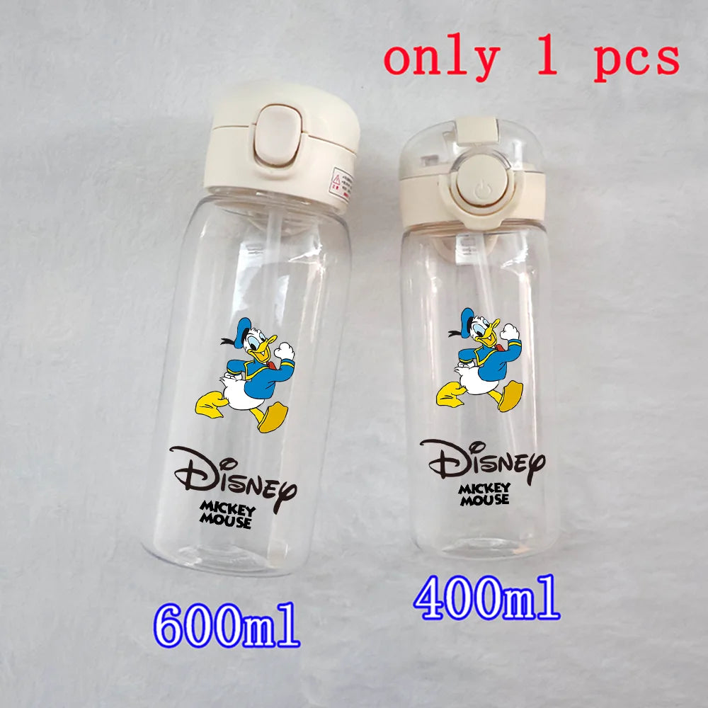 400-600ML Disney Mickey Mouse Straw Plastic Water Bottle Large Capacity Portable Transparent Kids Drinking Water Cup Donald Duck