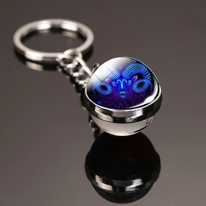 Creative 12 Constellation Key Ring Time Stone Double-Sided Glass Ball Metal Keychain Pendant Key Chain Accessories Fashion Gift