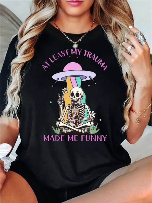 Comfy Women's Round Neck Short Sleeve Sports Tee With Funny Skull & UFO & Slogan Print - Activewear