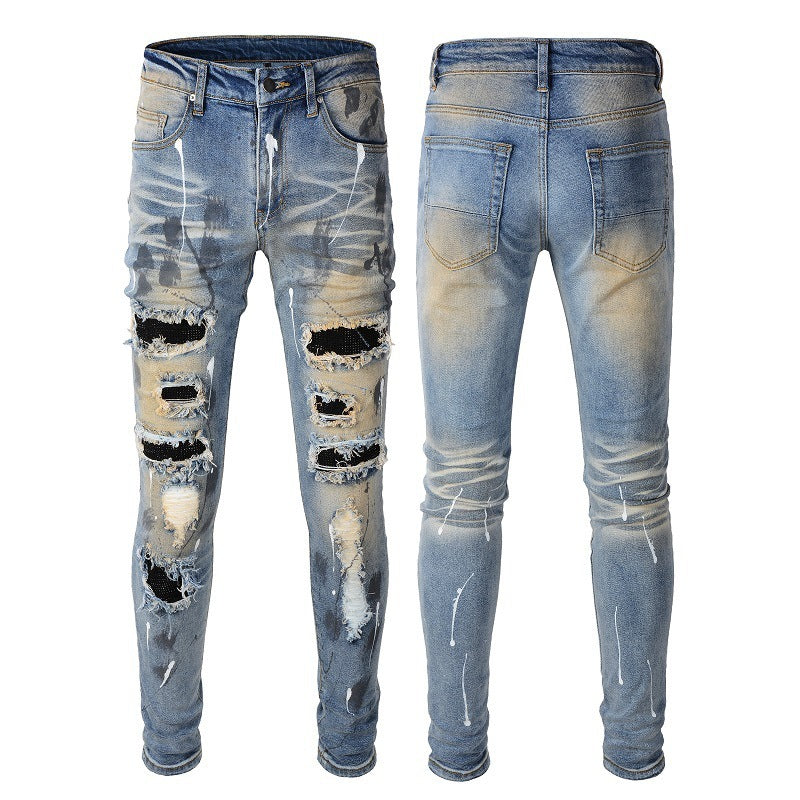 European And American Fashion Brand Vintage Rhinestone Splash-ink Patch Jeans