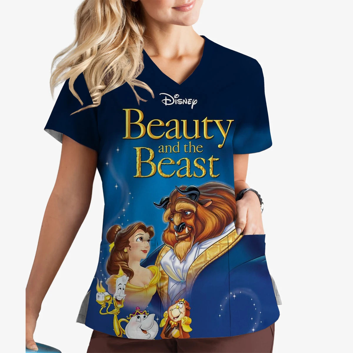 Beauty and the Beast Print Fashion Disney Short Sleeve V-Neck Print Scrub Top Pet Shop Veterinary Women's Nursing Clothes