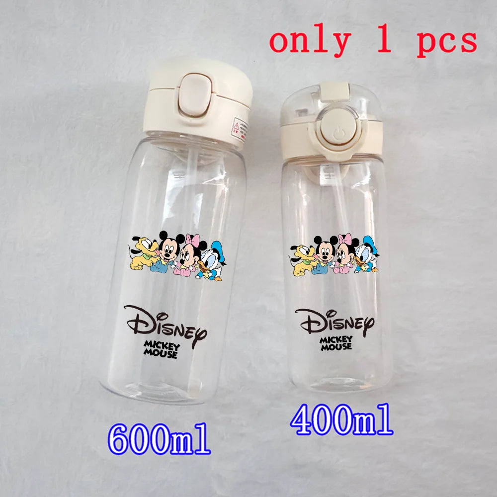 400-600ML Disney Mickey Mouse Straw Plastic Water Bottle Large Capacity Portable Transparent Kids Drinking Water Cup Donald Duck