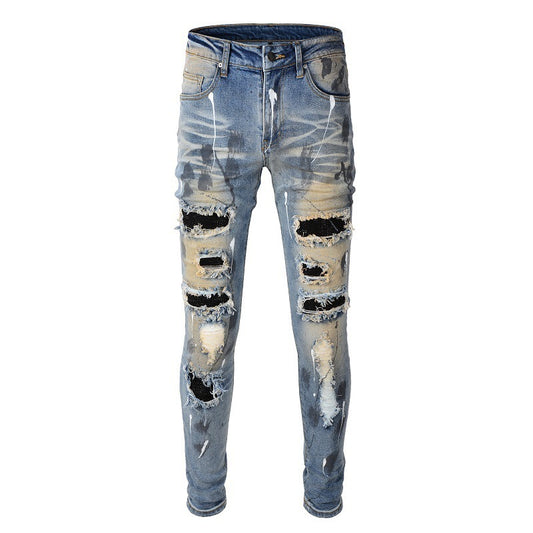 European And American Fashion Brand Vintage Rhinestone Splash-ink Patch Jeans