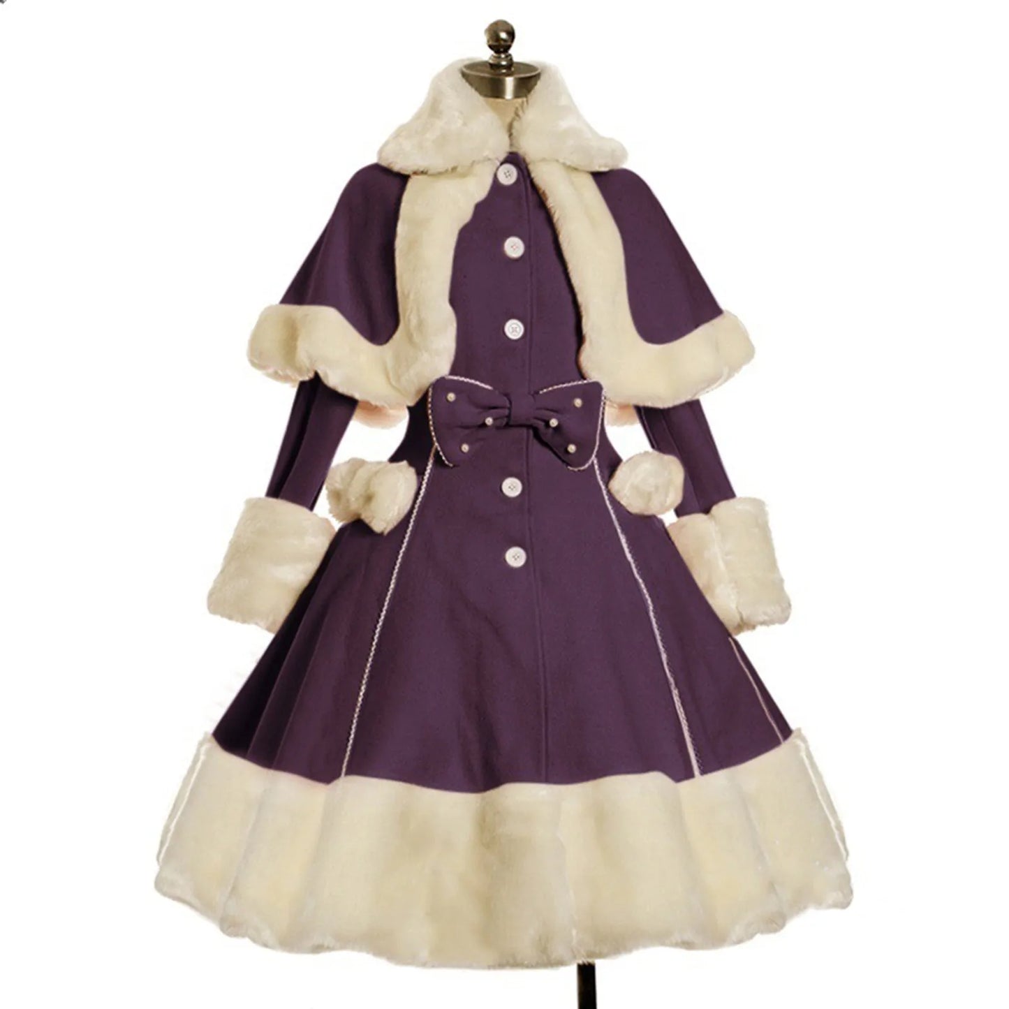 Vintage Gothic Lolita Dress Suit Women Fur Collar Long Sleeves Shawl Cute Single-breasted Winter Warm Thick Bow Dresses 2024