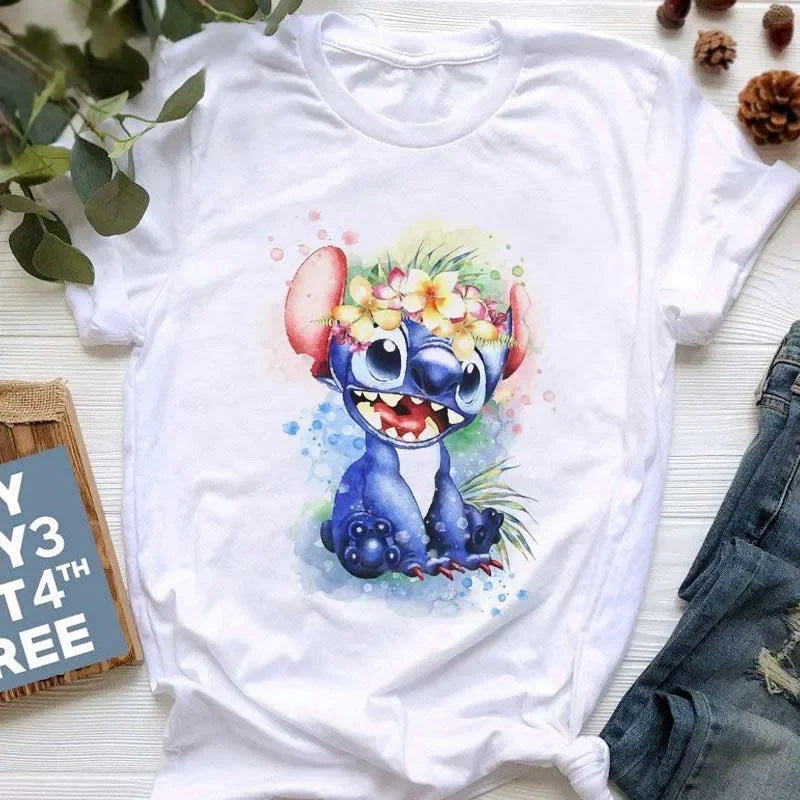 Kawaii stitch T Shirt Women Summer Tops Cartoon Heart Graphic Tees Cute Anime T-shirt Female Tshirt  Clothes