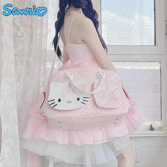 Retro Style Cartoon Sanrio Hellokitty Embroidery Pattern Women's Large Capacity Handbag New Kawaii Zipper Travel Crossbody Bag