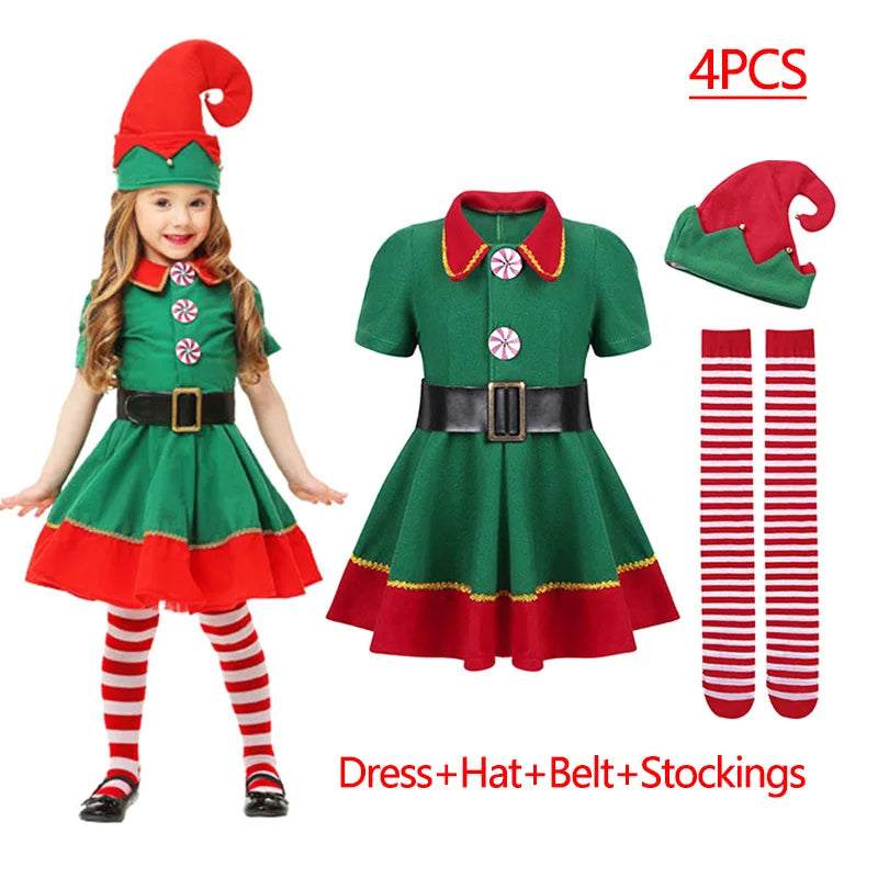 New Year Kids Santa Claus Costume Green Elf Cosplay Christmas Carnival Party Fancy Dress for Girls Boys Red Xmas Clothes Set