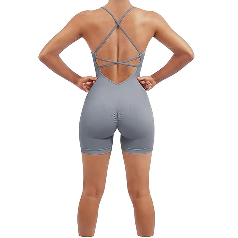 Women Strappy Romper Seamless Jumpsuit Tummy Control Padded One Piece Sports Bra Ribbed Quick-drying Fitness Tops