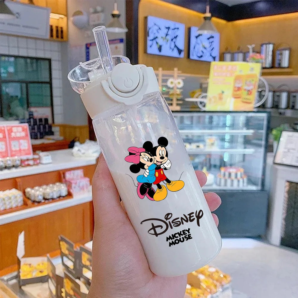 400-600ML Disney Mickey Mouse Straw Plastic Water Bottle Large Capacity Portable Transparent Kids Drinking Water Cup Donald Duck