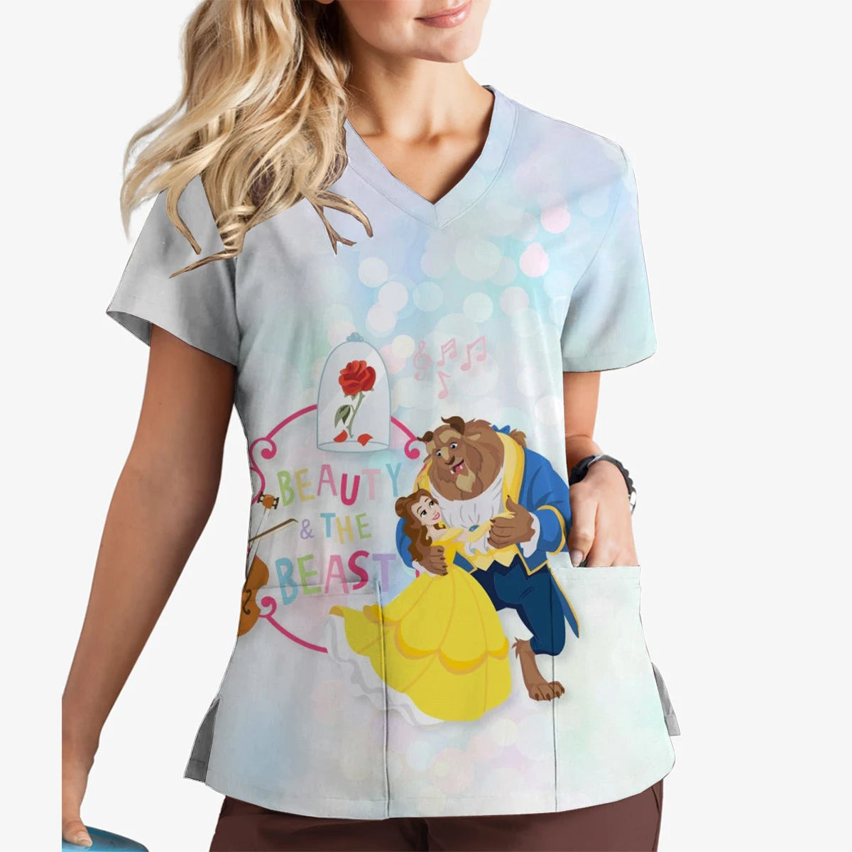 Beauty and the Beast Print Fashion Disney Short Sleeve V-Neck Print Scrub Top Pet Shop Veterinary Women's Nursing Clothes