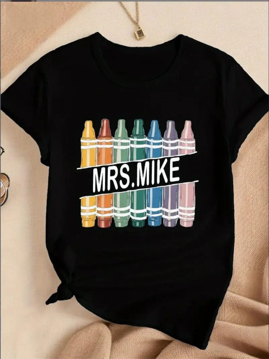 Short Sleeve Casual Crew Neck T-shirt, Mrs MIKE Print For Spring & Summer, Women's Clothing