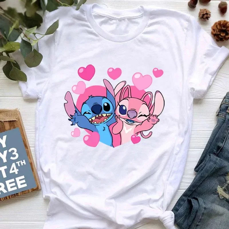 Kawaii stitch T Shirt Women Summer Tops Cartoon Heart Graphic Tees Cute Anime T-shirt Female Tshirt  Clothes