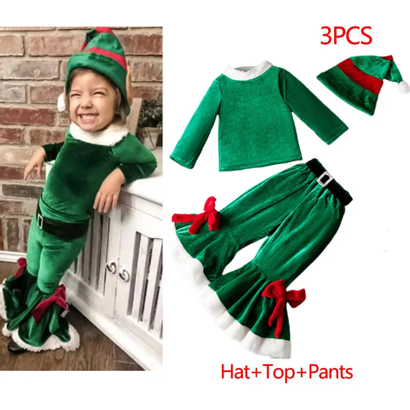 New Year Kids Santa Claus Costume Green Elf Cosplay Christmas Carnival Party Fancy Dress for Girls Boys Red Xmas Clothes Set