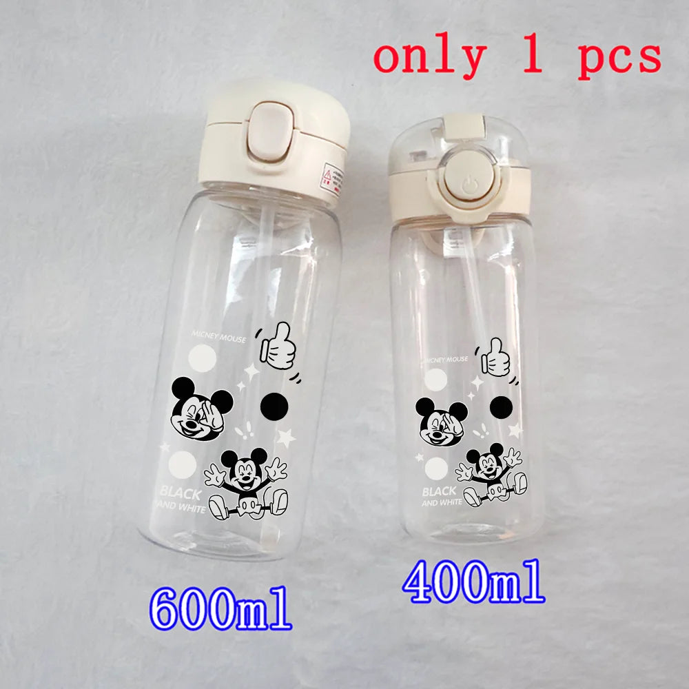 400-600ML Disney Mickey Mouse Straw Plastic Water Bottle Large Capacity Portable Transparent Kids Drinking Water Cup Donald Duck