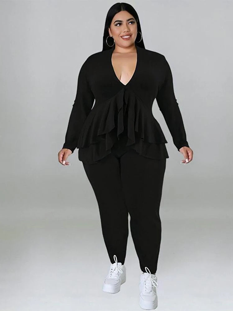 Plus Size Women Clothing Chic and Elegant Pants Suit Set Two Piece Sets Coat Ruffle Blazer Sets Wholesale Bulk Dropshipping