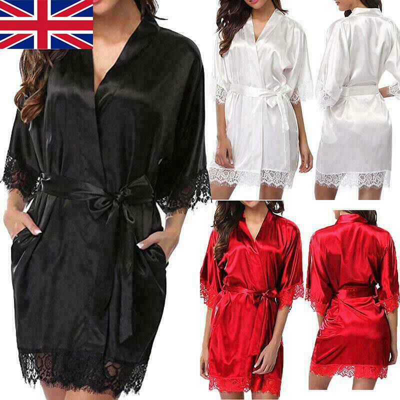 UK Satin Robe Wedding Bride Bridesmaid Kimono Dressing Gown Sleepwear Bathrobe