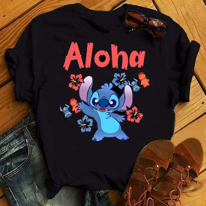 Kawaii stitch T Shirt Women Summer Tops Cartoon Heart Graphic Tees Cute Anime T-shirt Female Tshirt  Clothes