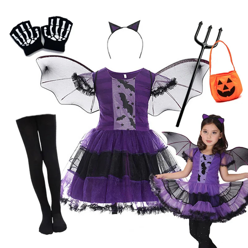 Girls Purple Bat Dress Kids Fancy Cosplay Vampire Demon Costume With Wing Headwear Halloween Carnivat Witch Role Play Clothes