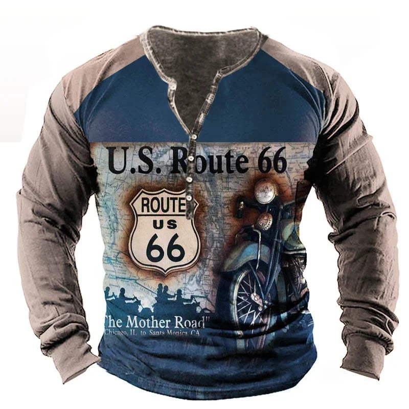 Vintage Men's T Shirt Long Sleeve Top Street Tees Usa Route 66 Letter Graphic 3d Print T-Shirt Fall Oversized Loose Clothing 5xl