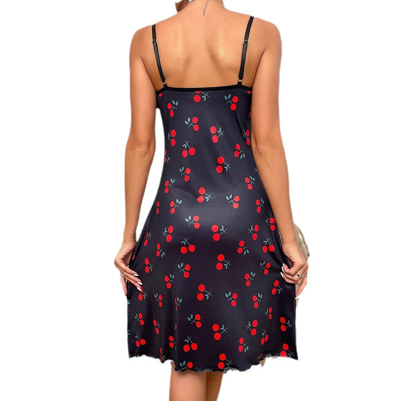 Women's Cherry Love Print Nightdress With Suspenders