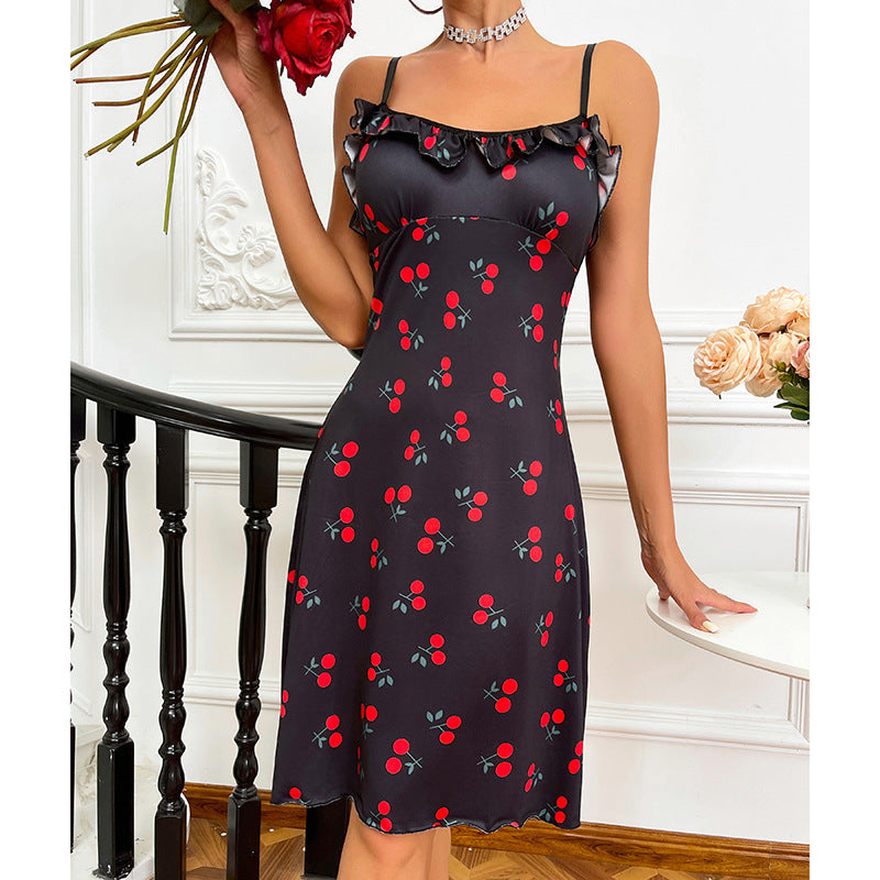 Women's Cherry Love Print Nightdress With Suspenders