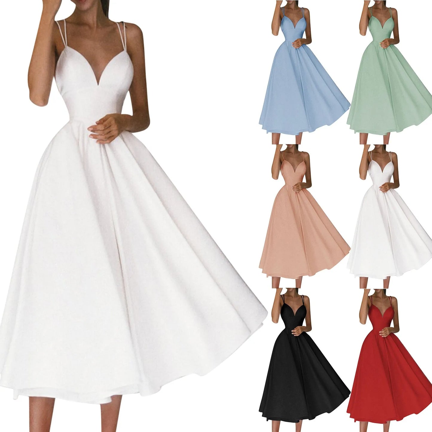 Women's Formal Dresses Double Spaghetti Strap Big Swing Sleeveless Pure Color Cross Sling Dresses Elegant Party Dress For Women