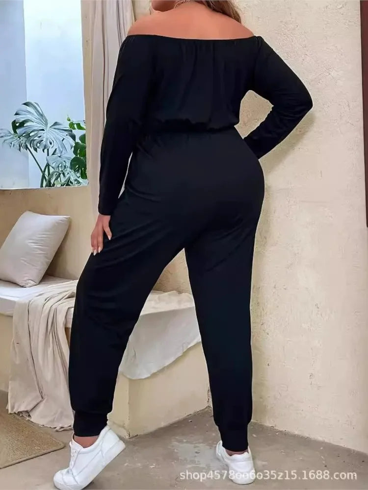 Plus Size Summer Elastic High Waist Jumpsuit Women Off Shoulder Fashion Casual Ladies Jumpsuits Loose Long Sleeve Woman Jumpsuit