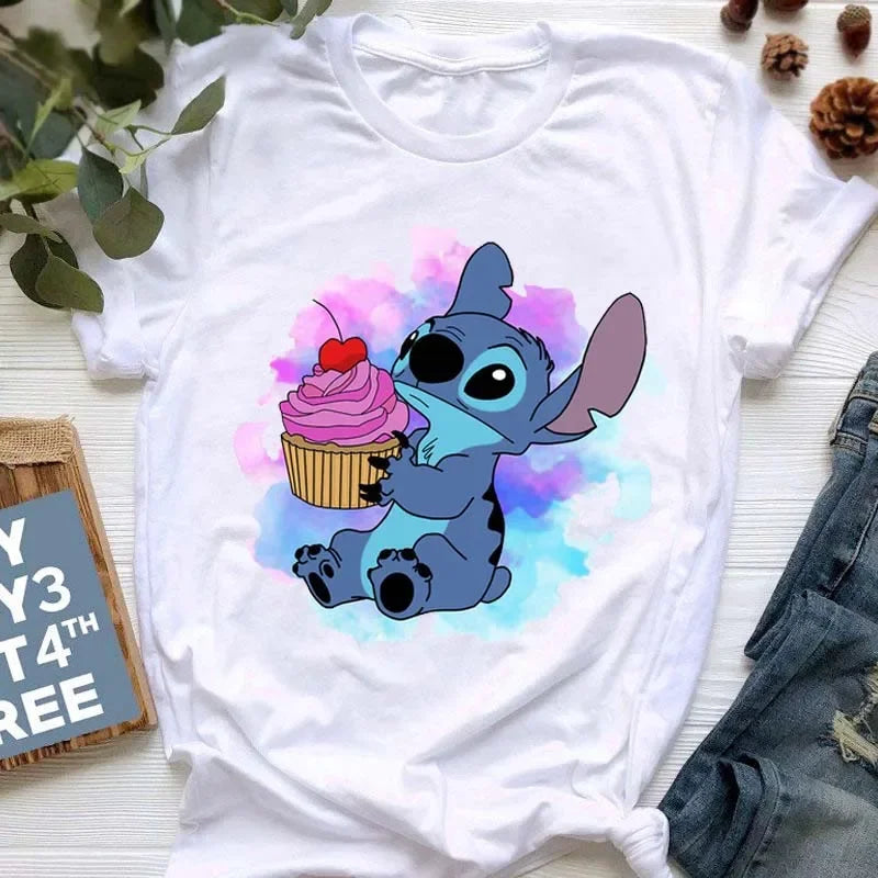 Kawaii stitch T Shirt Women Summer Tops Cartoon Heart Graphic Tees Cute Anime T-shirt Female Tshirt  Clothes