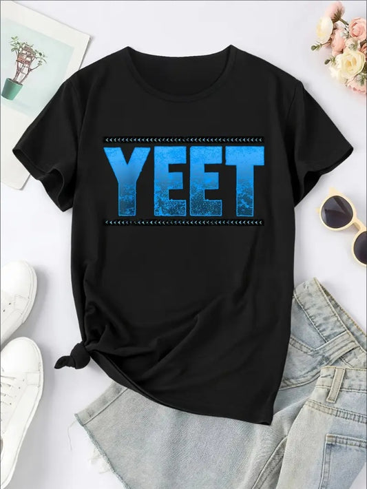 YEET Graphic Letter Print Tee - Women's Casual Workout T-Shirts - Short Sleeves, Round Neck, Breathable, Moisture-Wicking, Quick-Drying, Soft, Comfortable, Activewear For Fitness, Gym, Running, Yoga,