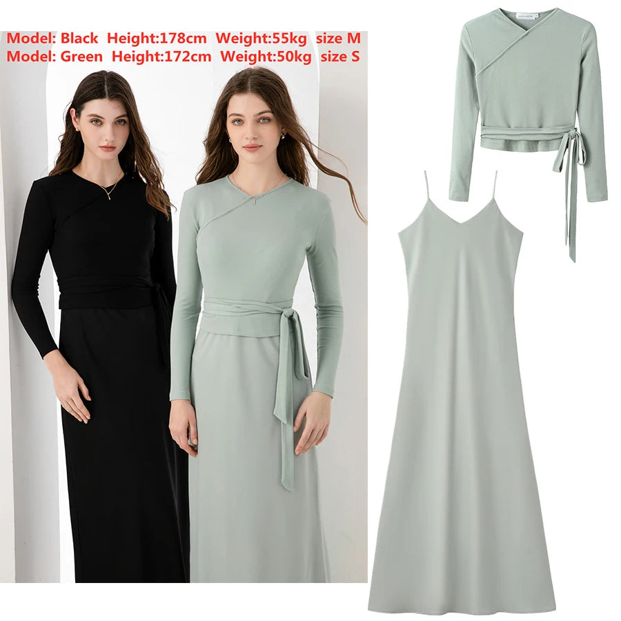 AS 2024 woman clothing high Stretch ribbing closed-fit wrap tops + Matte Satin dress Maxi matching sets  ( Ship out in 1 day)