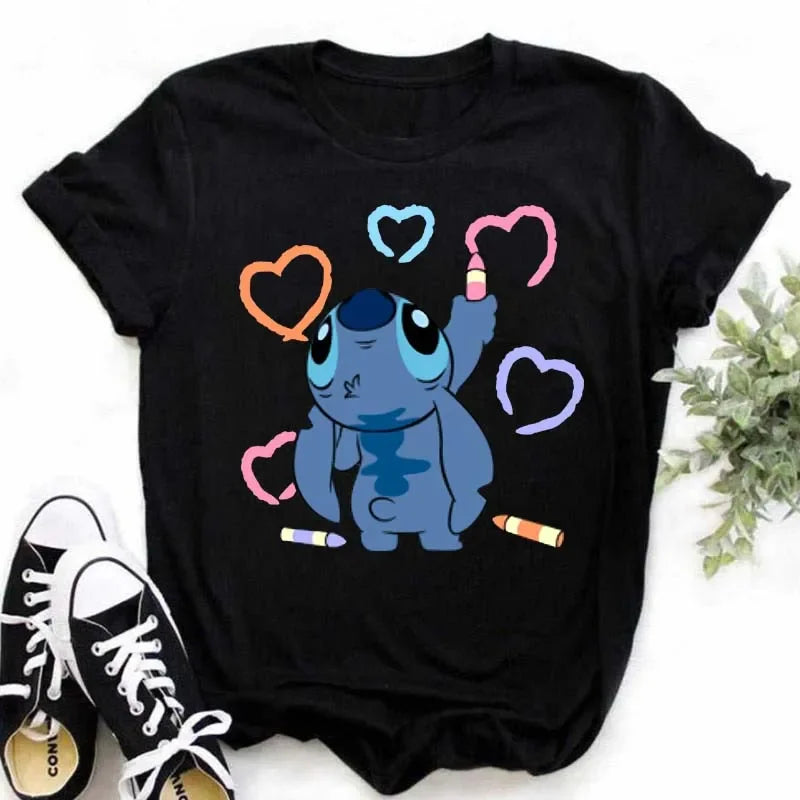 Kawaii stitch T Shirt Women Summer Tops Cartoon Heart Graphic Tees Cute Anime T-shirt Female Tshirt  Clothes