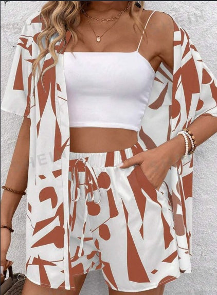 EMERY ROSE Color Blocking Geometric Printed Button Up Short Sleeve Top And Shorts Set For Summer Casual Vacation