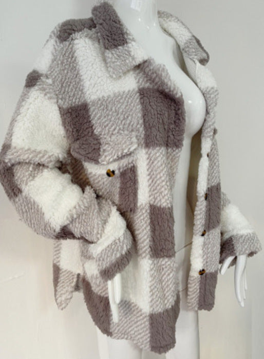 Women's Long-sleeved Double-pocket Plaid Furry Coat