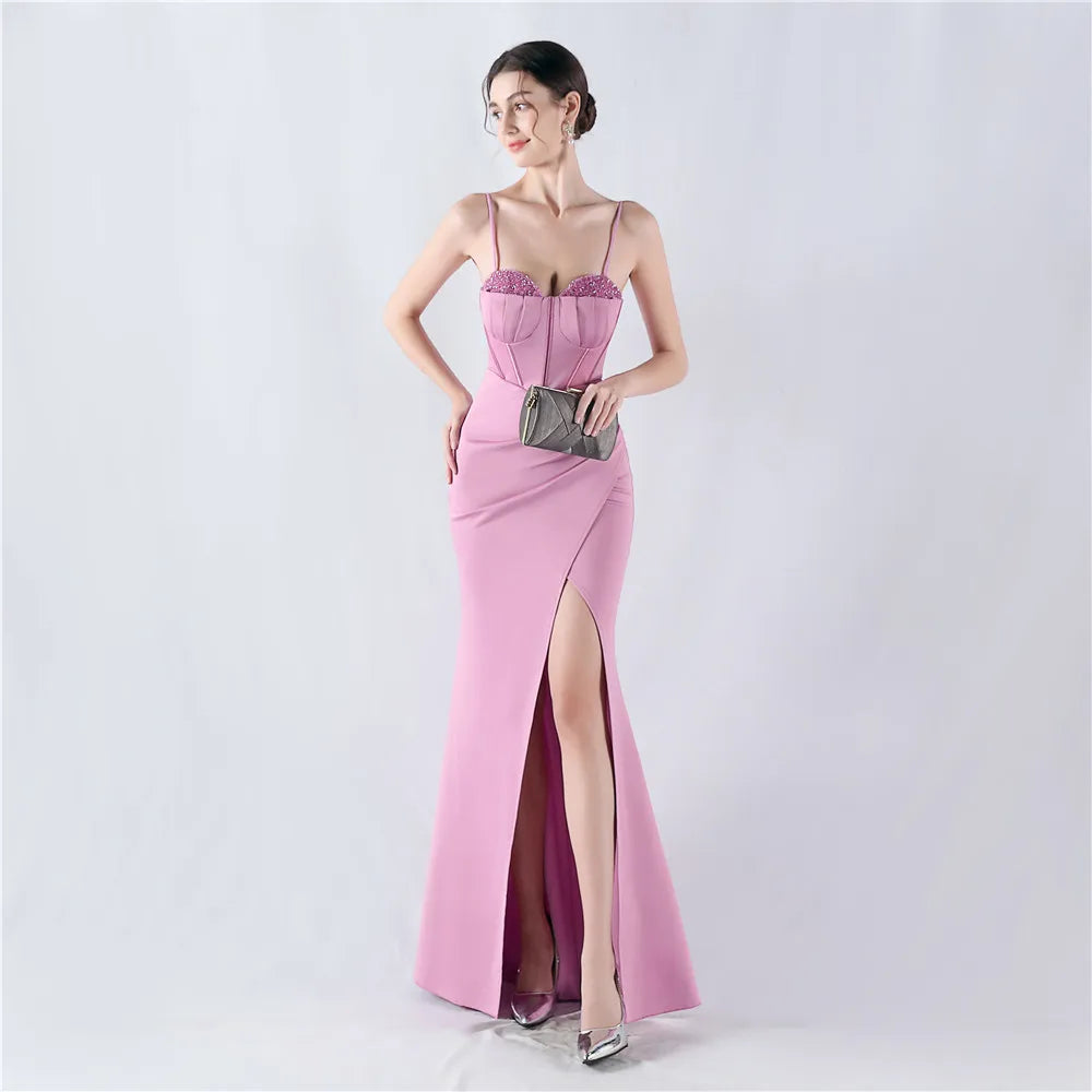 Women's Spaghetti Tigh Waist Tape  Crystal Diamonds  Prom Dress Floor Length  Mermaid Maxi Party Gown Evening Dress