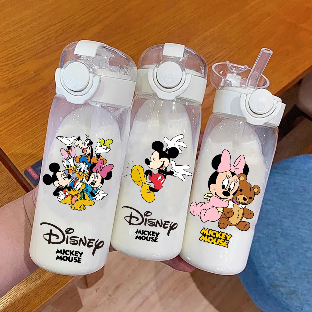 400-600ML Disney Mickey Mouse Straw Plastic Water Bottle Large Capacity Portable Transparent Kids Drinking Water Cup Donald Duck