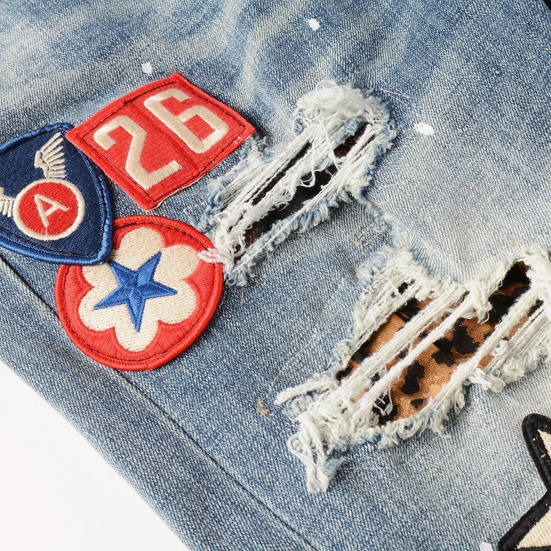 Medal Printed Badge Ripped Jeans Men