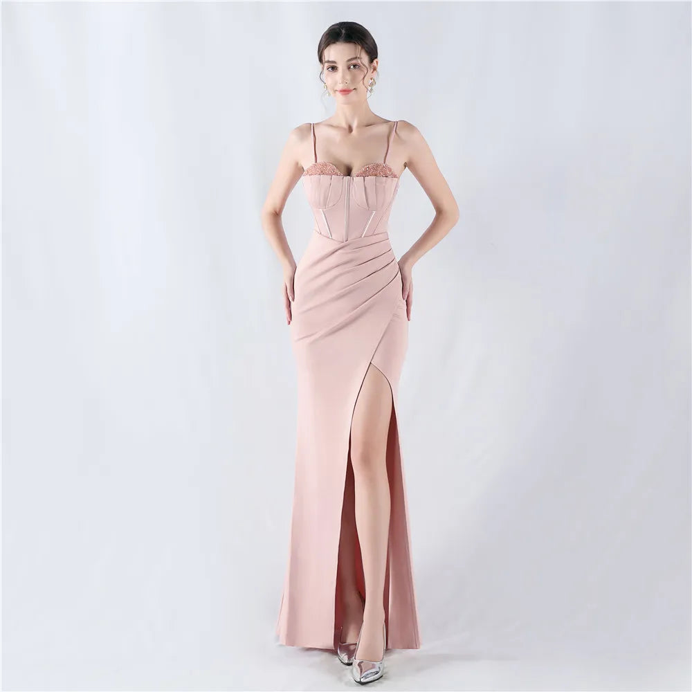 Women's Spaghetti Tigh Waist Tape  Crystal Diamonds  Prom Dress Floor Length  Mermaid Maxi Party Gown Evening Dress