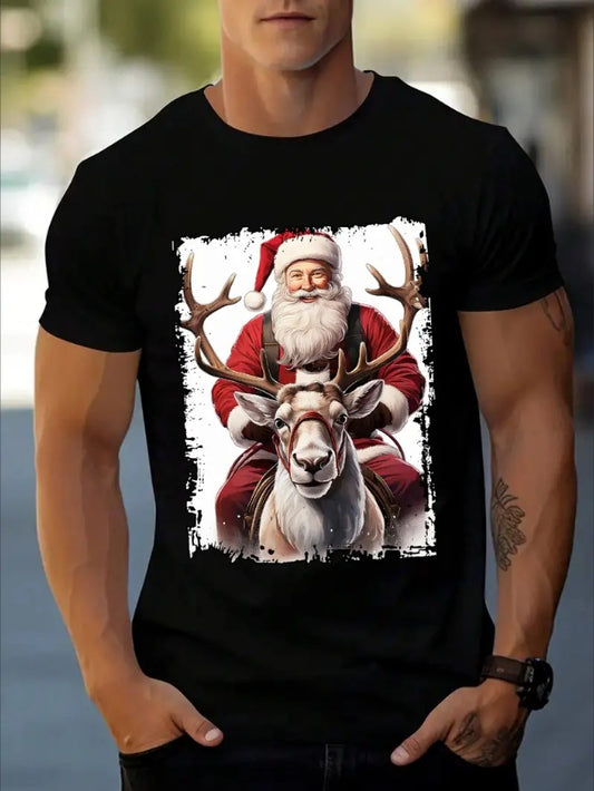 Men'S Christmas Graphic Tee, Cotton Short Sleeve T-Shirt With Santa And Reindeer Print, Casual Crew Neck Streetwear Top For All Seasons