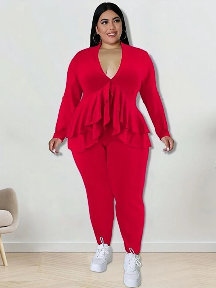 Plus Size Women Clothing Chic and Elegant Pants Suit Set Two Piece Sets Coat Ruffle Blazer Sets Wholesale Bulk Dropshipping