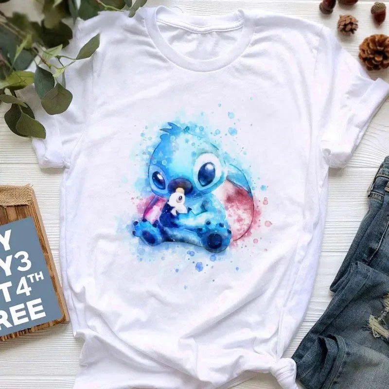 Kawaii stitch T Shirt Women Summer Tops Cartoon Heart Graphic Tees Cute Anime T-shirt Female Tshirt  Clothes