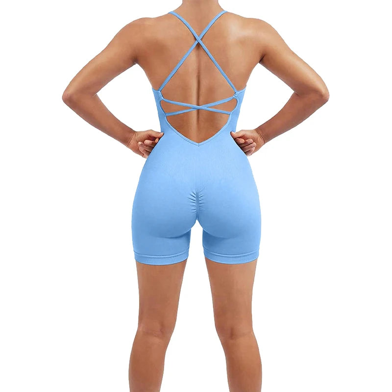 Women Strappy Romper Seamless Jumpsuit Tummy Control Padded One Piece Sports Bra Ribbed Quick-drying Fitness Tops