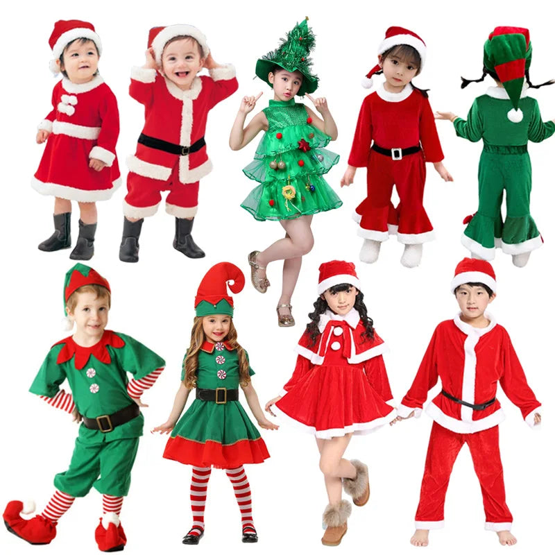 New Year Kids Santa Claus Costume Green Elf Cosplay Christmas Carnival Party Fancy Dress for Girls Boys Red Xmas Clothes Set