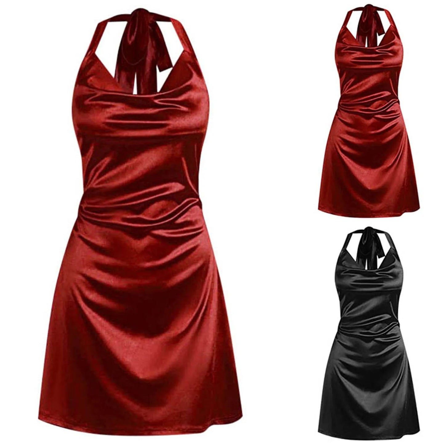 Satin Slip Dress Women Silk Low Cut Smocked Solid Color Party Dresses Cowl Neck Backless Mini Dress Nightclub Short Vestidos